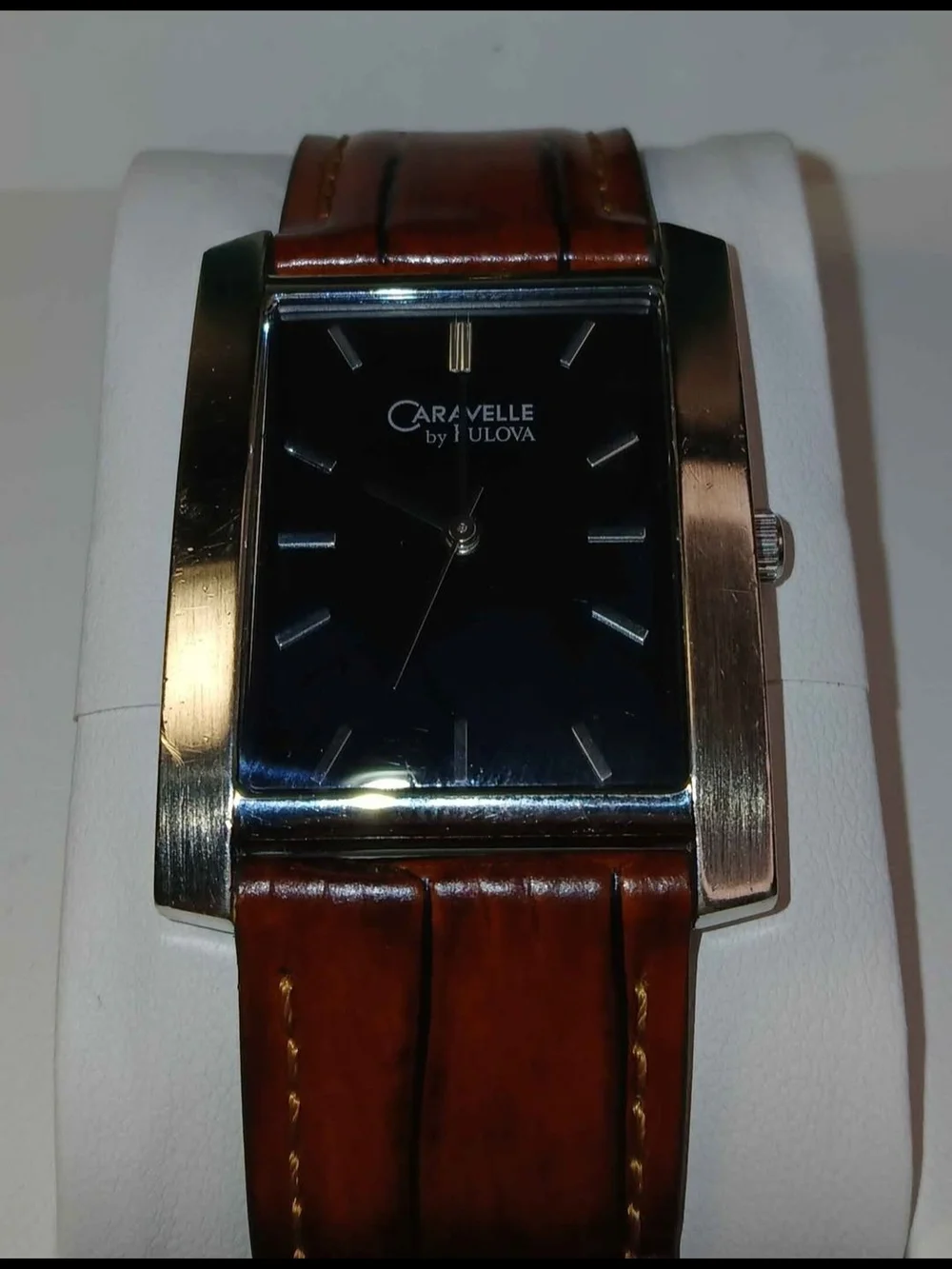 ​Caravelle by Bulova Mens Rectangular Tank Watch Black Dial Brown Leather Strap